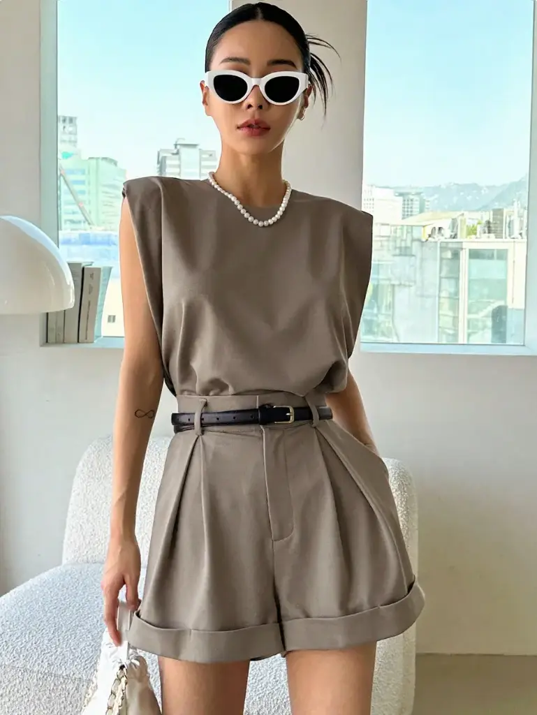 Top De Tanque Sólido Y Pantalones Cortos Con Dobladillo Sin Cinturón