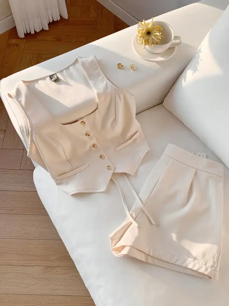 Conjunto de chaleco de un solo abroche de color albaricoque y shorts