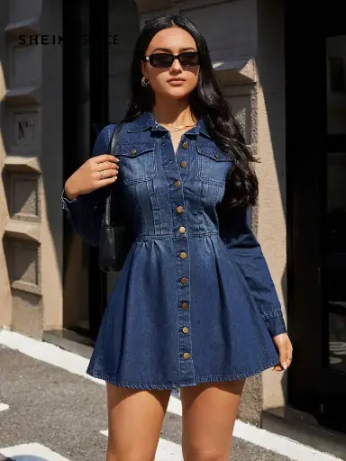 [sz2409057337390393] Vestido camisero manga larga, de un solo abotonado, de lavado de mezclilla