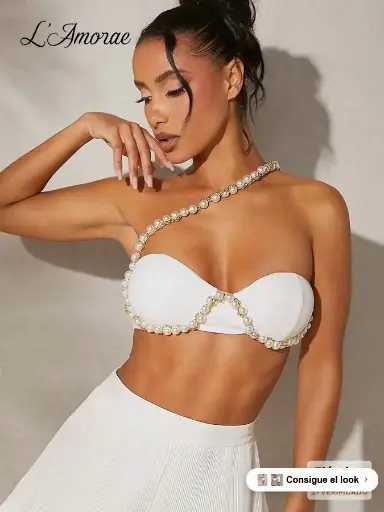 [sz2310302595830099] Top corto elegante con tirantes cruzados con cuentas y perlas
