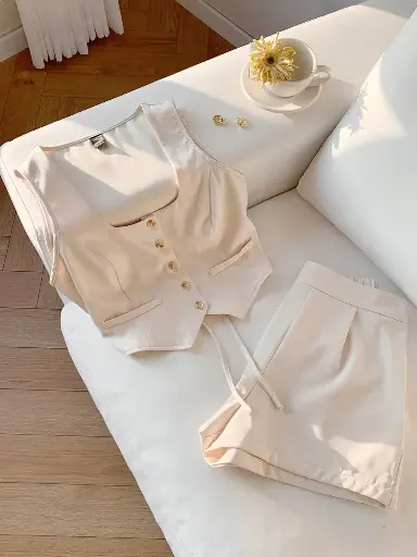 [sz2411110708769527] Conjunto de chaleco de un solo abroche de color albaricoque y shorts