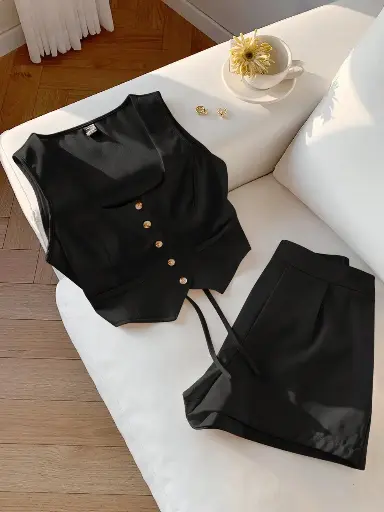 [sz2411110708781215]  Conjunto cárdigan negro y shorts