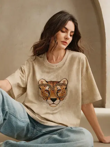 [sz2412181004299740] Camiseta manga corta, holgada, de cuello redondo, con diseño de cabeza de leopardo